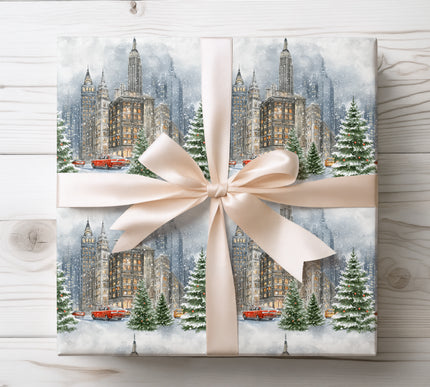 Elegant New York City winter gift wrap featuring snow-covered skyscrapers and Christmas trees. Perfect for classy holiday presents, NYC lover gifts, and festive packaging. 