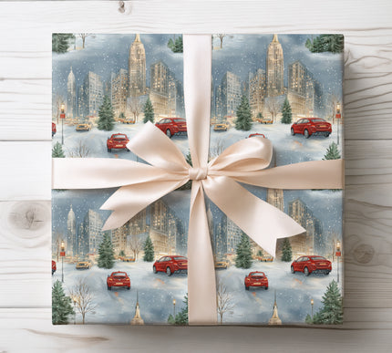 Luxury NYC skyline gift wrap with snow, warm city lights, and holiday charm. A perfect elegant Christmas wrapping paper for sophisticated gift presentation. 