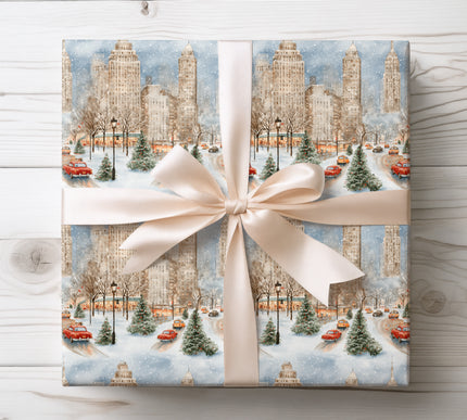 Retro holiday wrapping paper with snowy New York streets, vintage cars, and Christmas trees. Ideal for nostalgic Christmas gifts and elegant winter celebrations. 