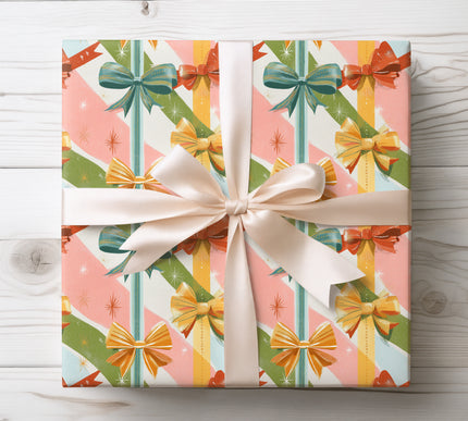Nostalgic mid-century style Christmas wrapping paper featuring colorful retro bows and festive sparkles — perfect for holiday gifts with a vintage aesthetic. 