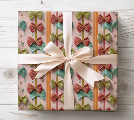 Elegant metallic bow Christmas wrapping paper with mid-century retro charm — perfect for vintage holiday gift wrapping and stylish festive presents. 