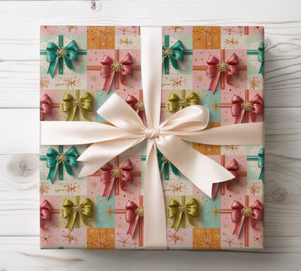 Soft pastel mid-century bow wrapping paper in pink, aqua and gold tones — perfect for elegant Christmas, birthdays, vintage style gift giving. 
