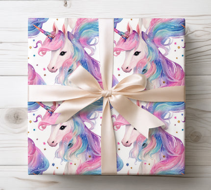 Celestial pastel unicorn wrapping paper with galaxy stardust accents — perfect for magical gift giving, fairytale birthdays and unicorn lovers. 