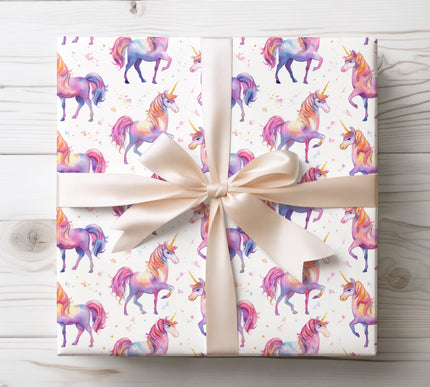 Soft watercolor unicorn wrapping paper in dreamy rainbow pastels — perfect for girls’ birthdays, fantasy gifts, unicorn party celebrations. 