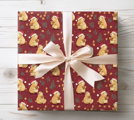 Cozy and heartwarming Christmas wrapping paper with smiling capybaras in winter hats — adorable holiday gift wrap for children, animal lovers, and festive packaging. 