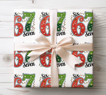 Celebrate a Six Seven milestone in style with this fun Christmas wrapping paper featuring festive 6 and 7 numbers wrapped in holiday lights. Perfect for personalized gifts, birthday or anniversary celebrations during the holidays. Ships fast from the USA. 