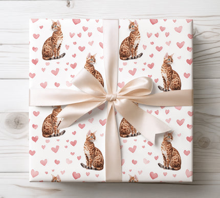 Bengal Cat Heart Wrapping Paper, Watercolor Cat Love Pattern Valentine Gift Wrap wrapping paper 