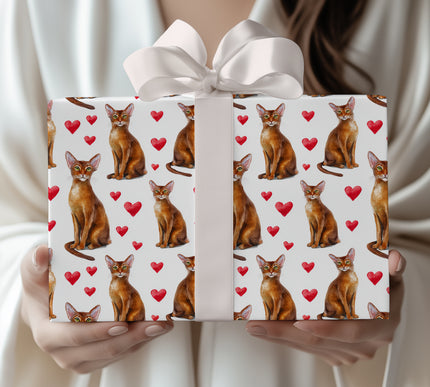 Amberpurr Love – Watercolor Abyssinian Cat with Red Hearts Wrapping Paper