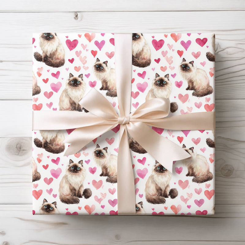 Bluegaze Affection – Watercolor Birman Cat with Vibrant Heart Wrapping paper