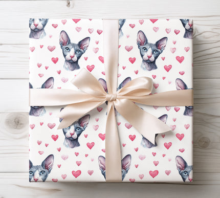 Sphynx Cat Wrapping Paper with Hearts | Modern Valentine Gift Wrap 