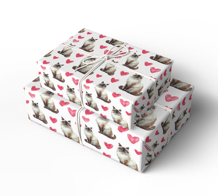 Cloudpurr Romance – Watercolor Birman Cat with Soft Red Hearts Wrapping paper