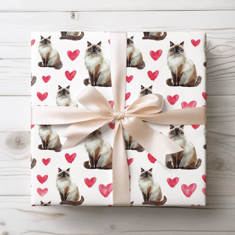 Cloudpurr Romance – Watercolor Birman Cat with Soft Red Hearts Wrapping paper