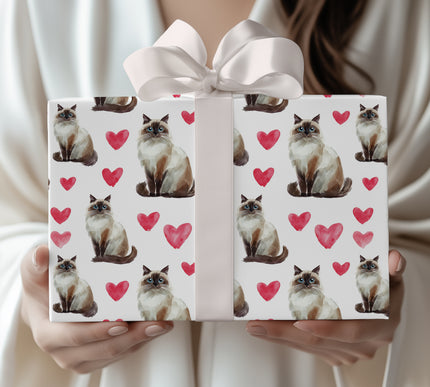 Cloudpurr Romance – Watercolor Birman Cat with Soft Red Hearts Wrapping paper