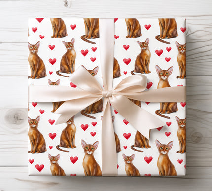 Romantic Watercolor Cat with Red Hearts Wrapping Paper 