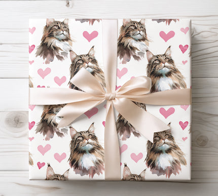 Maine Coon cat heart wrapping paper 
