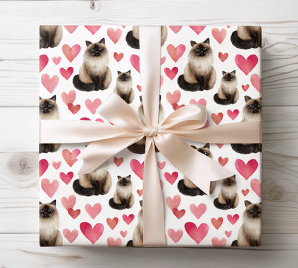 Birman Cat Valentine Wrapping Paper, Watercolor Cat Hearts Gift Wrap, Romantic Pet wrapping paper 