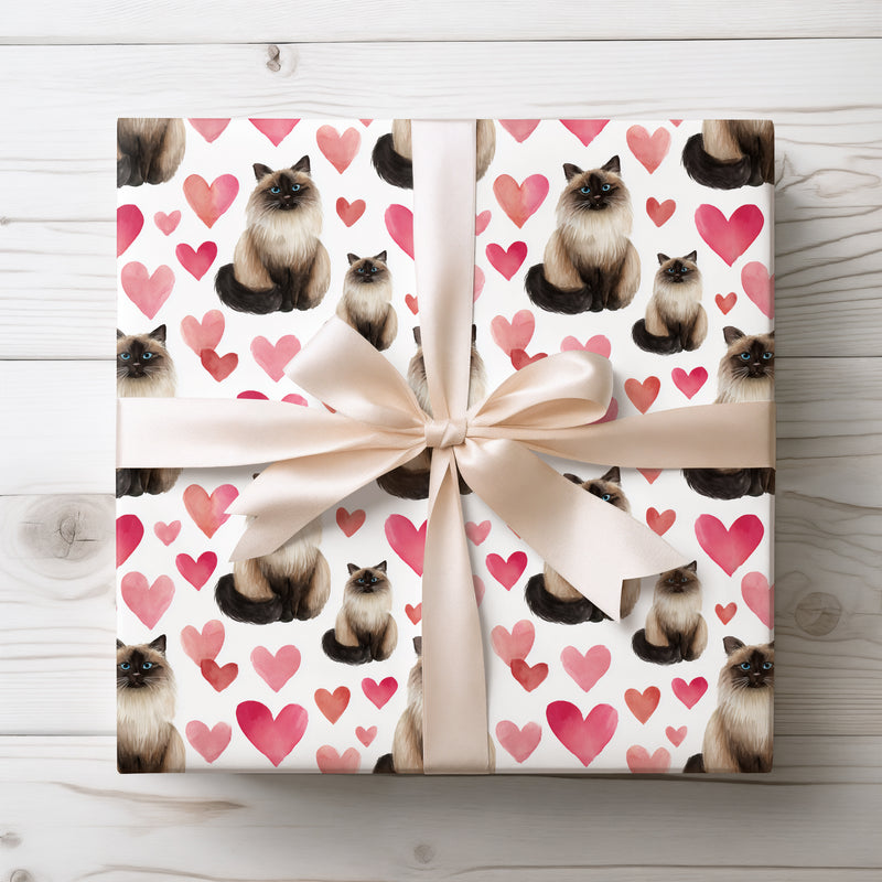 Heartveil Birman – Watercolor Birman Cat with Pink Hearts wrapping paper