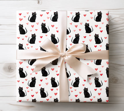 Cute Black Cat Valentine Gift Wrap – Red Hearts Watercolor wrapping paper 