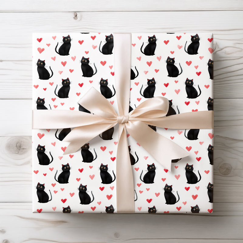 Heartwhisk Glow – Cute Black Cat with Red Hearts wrapping paper