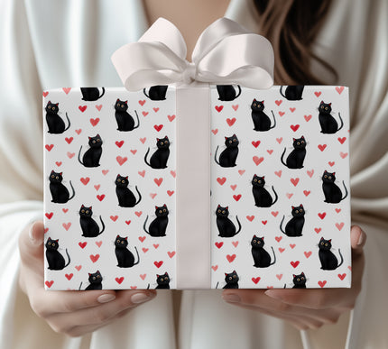 Heartwhisk Glow – Cute Black Cat with Red Hearts wrapping paper
