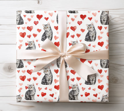 Watercolor American Shorthair Cat with Red Hearts Wrapping Paper 