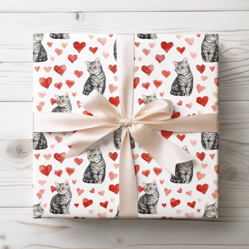 Heartwhisk Muse – Watercolor American Shorthair Cat with Red Hearts Wrapping Paper