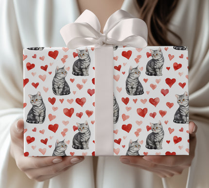 Heartwhisk Muse – Watercolor American Shorthair Cat with Red Hearts Wrapping Paper