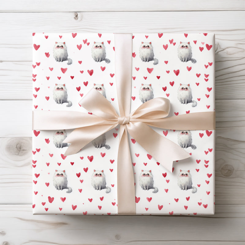 Rosefur Darling – Fluffy Persian Cat with Pink Hearts wrapping paper