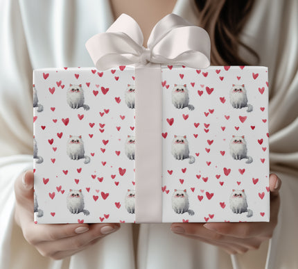 Rosefur Darling – Fluffy Persian Cat with Pink Hearts wrapping paper