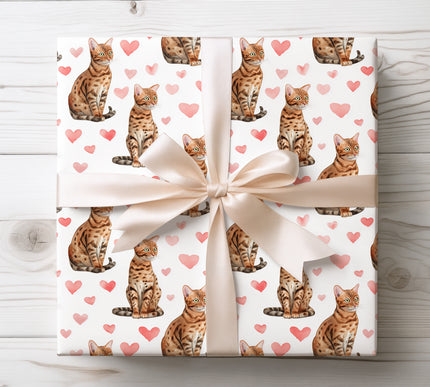Bengal Cat Valentine Wrapping Paper, Watercolor Spotted Cat Hearts Gift Wrap wrapping paper 