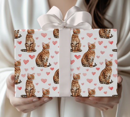 Rosette Amour – Watercolor Bengal Cat with Pink Hearts wrapping paper