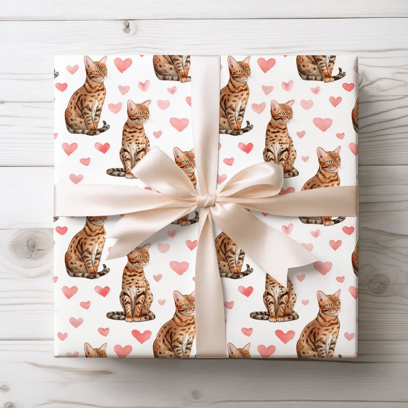 Rosette Amour – Watercolor Bengal Cat with Pink Hearts wrapping paper