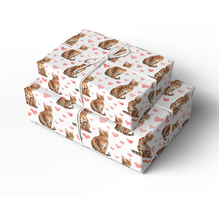 Rosette Amour – Watercolor Bengal Cat with Pink Hearts wrapping paper