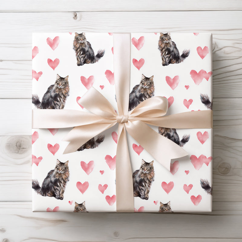 Shadowtail Lovefall – dark maine coon heart wrapping paper