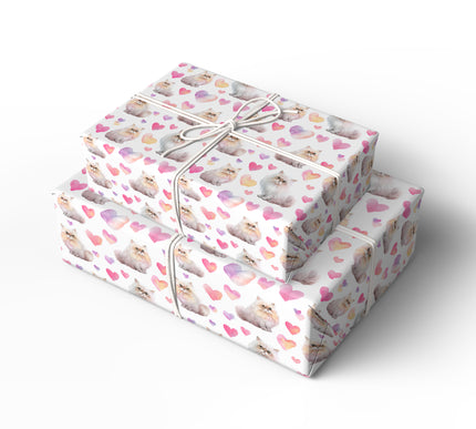 Silkpuff Affection – Watercolor Persian Cat with Pastel Hearts wrapping paper