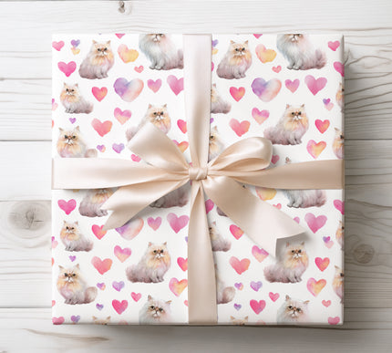 Persian Cat Valentine Wrapping Paper with Hearts | Elegant Cat Gift Wrap 