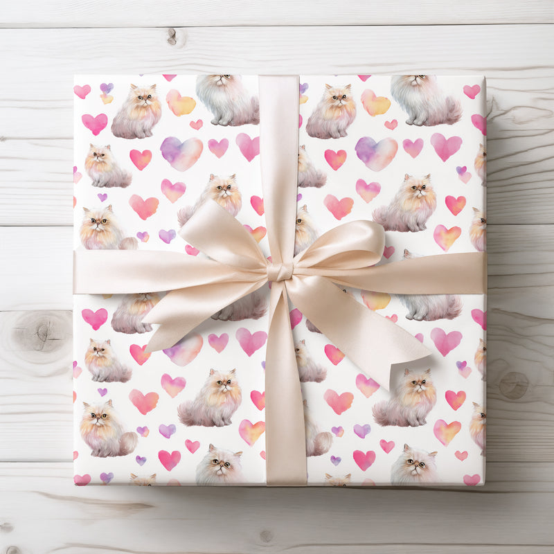 Silkpuff Affection – Watercolor Persian Cat with Pastel Hearts wrapping paper