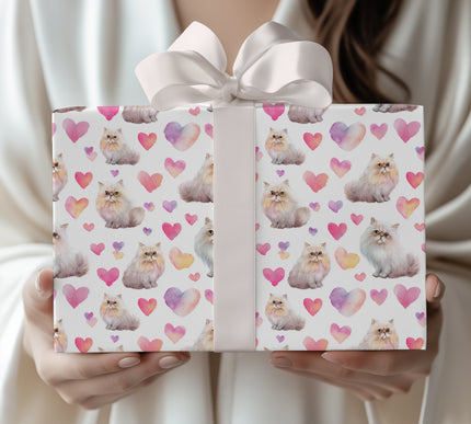 Silkpuff Affection – Watercolor Persian Cat with Pastel Hearts wrapping paper