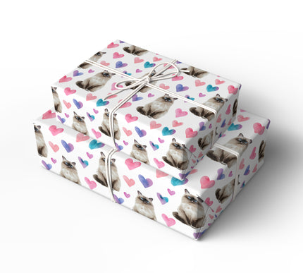 Silkwhisper Love – Watercolor Birman Cat with Pink Heart Wrapping paper