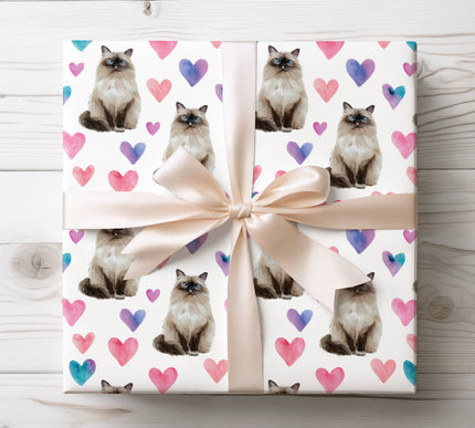 Birman Cat Valentine Wrapping Paper – Elegant Watercolor Heart Gift Wrap 