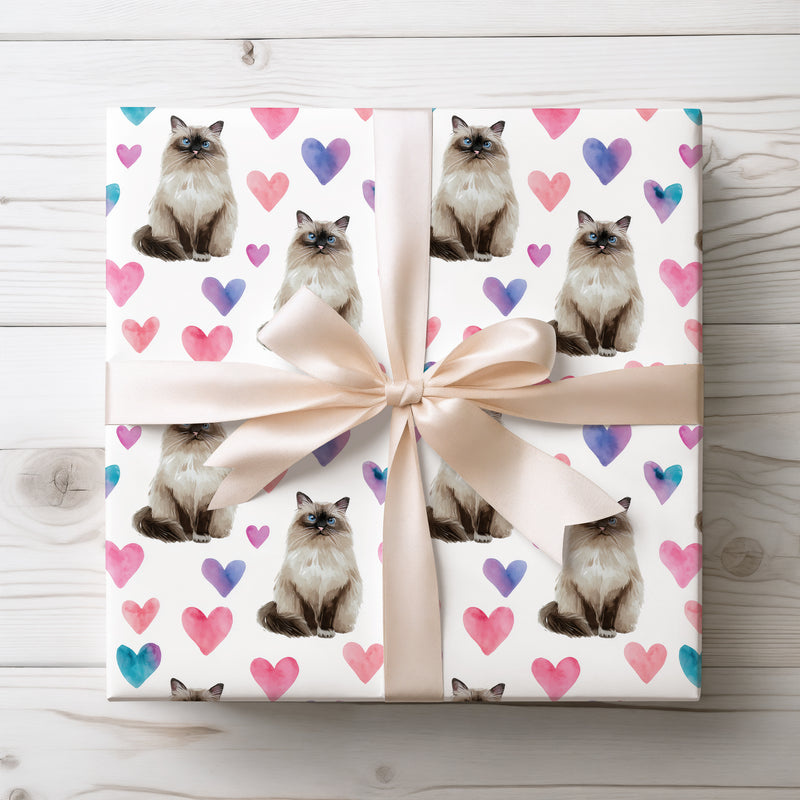 Silkwhisper Love – Watercolor Birman Cat with Pink Heart Wrapping paper