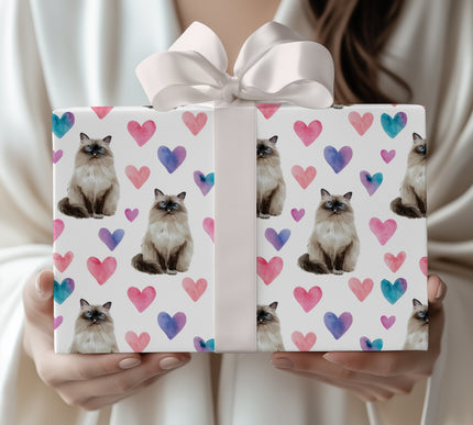 Silkwhisper Love – Watercolor Birman Cat with Pink Heart Wrapping paper