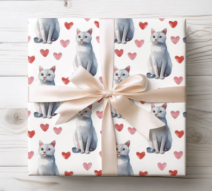 American Shorthair Cat Wrapping Paper, Watercolor Gray Cat Hearts Valentine Gift Wrap wrapping paper 