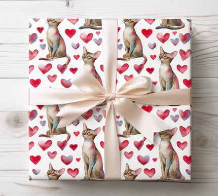 Watercolor Abyssinian Cat with Pink Hearts Romantic Wrapping Paper 