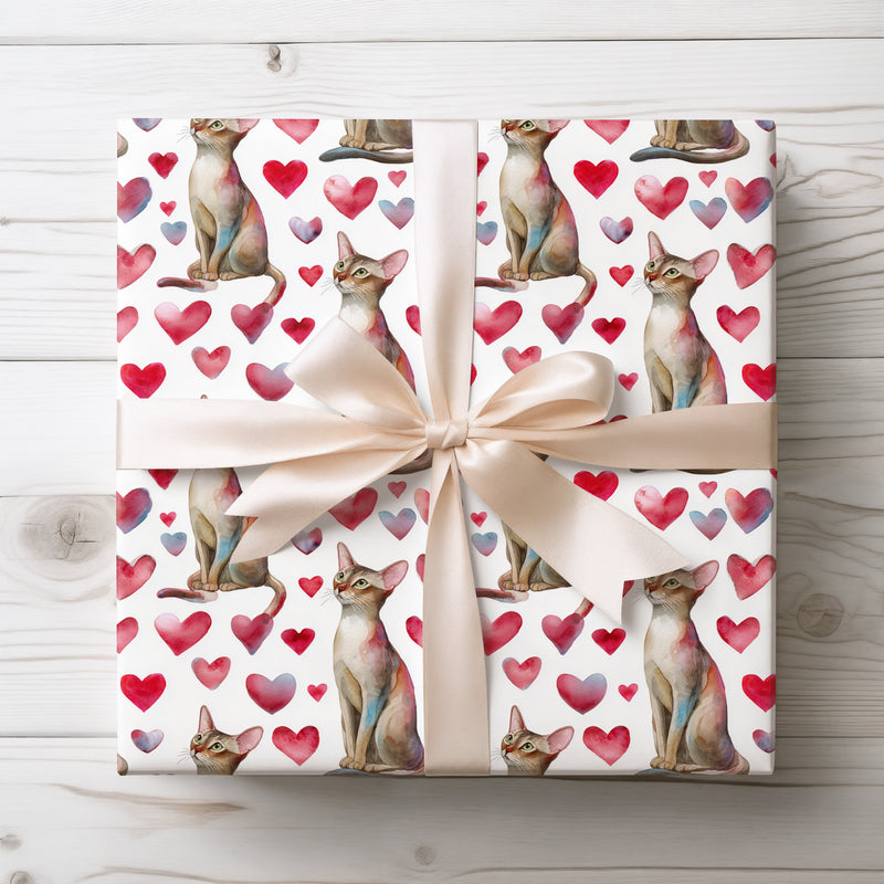 Velourpaw Romance – Watercolor Abyssinian Cat with Pink Hearts Wrapping Paper