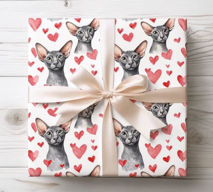 Oriental Shorthair Cat Valentine Gift Wrap – Watercolor Hearts Wrapping Paper 