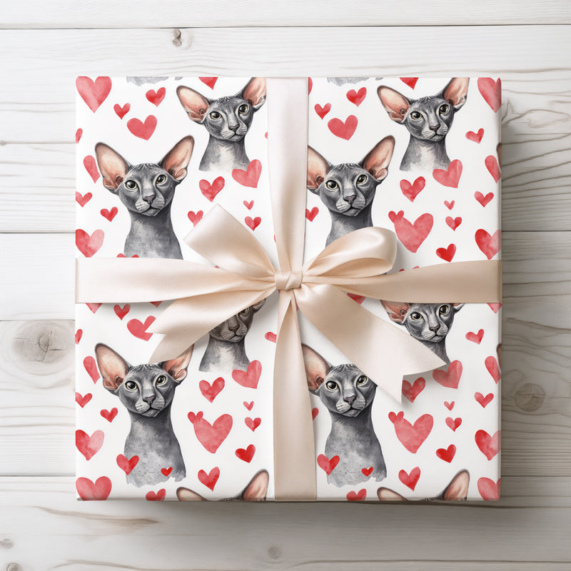 Velourwhisk Hearts – Watercolor Oriental Shorthair Cat with Red Hearts Wrapping paper