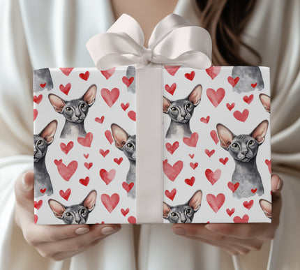 Velourwhisk Hearts – Watercolor Oriental Shorthair Cat with Red Hearts Wrapping paper