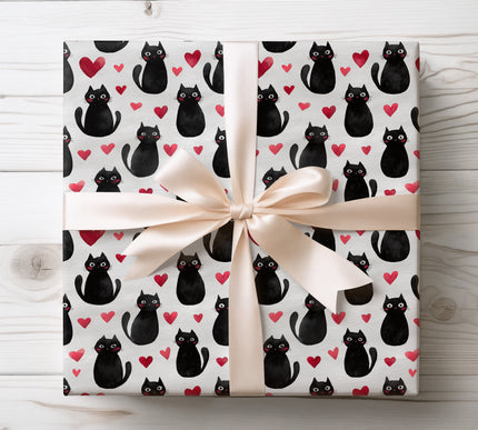 Minimal Black Cat Love Gift Wrap – Modern Heart Pattern wrapping paper 