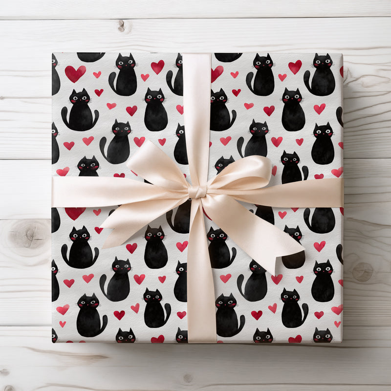 Velvetpurr Love – Minimal Black Cat Heart Pattern wrapping paper